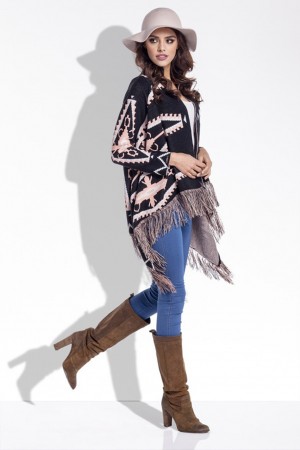 Cardigan de dama cu imprimeu aztec franjurat negru